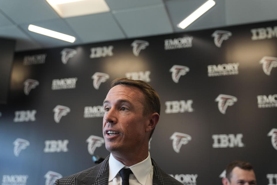 Former Atlanta Falcons quarterback Matt Ryan looks on speaking about his retirement during a news conference Monday, April 22, 2024, in Flowery Branch, Ga. (AP Photo/Brynn Anderson)