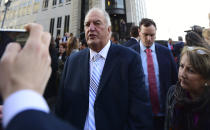 Attorney Joe Rice speaks outside the U.S. Federal courthouse, Monday, Oct. 21, 2019, in Cleveland. The nation's three dominant drug distributors and a big drugmaker have reached an over $200 million deal to settle a lawsuit related to the opioid crisis just as the first federal trial over the crisis was due to begin Monday. (AP Photo/David Dermer)