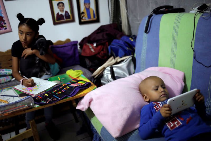 Hermes Soto uses a tablet as his sister Africa Soto holds their dog, Wicha, at their house in Mexico City