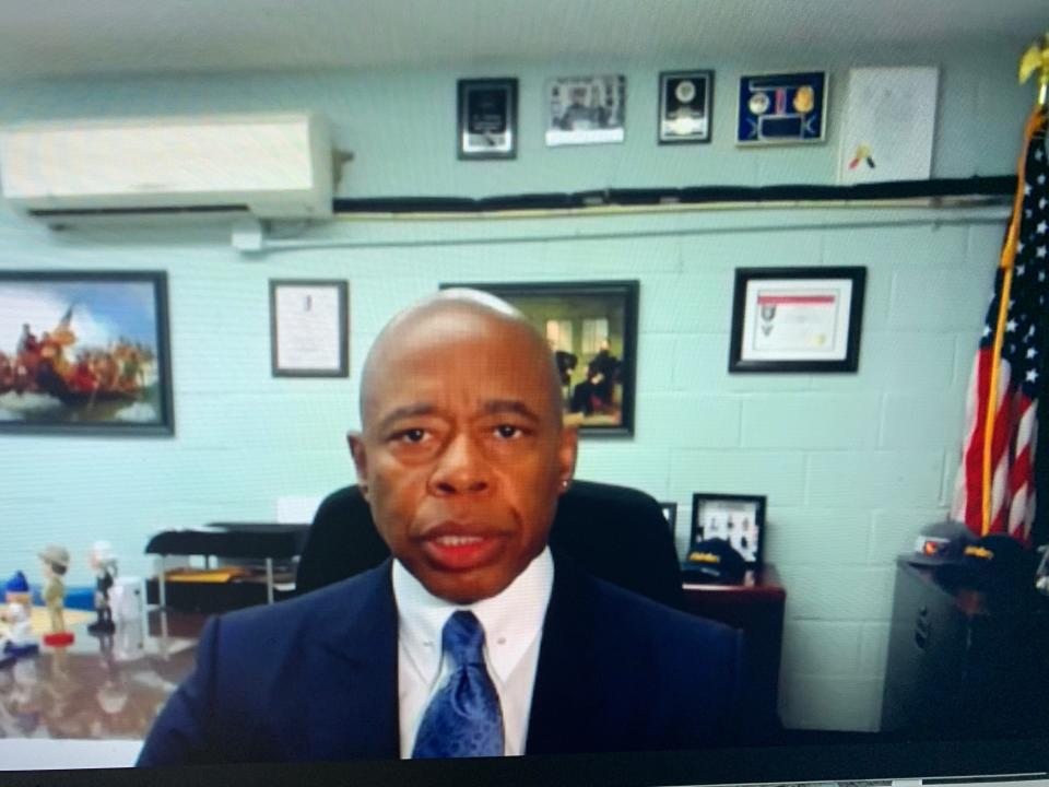 New York City Mayor Eric Adams speaks during a Zoom conference call on May 31, 2022, at which he and 7 mayors and one county executive declared June 2022 to be Gun Violence Awareness Month in New York.