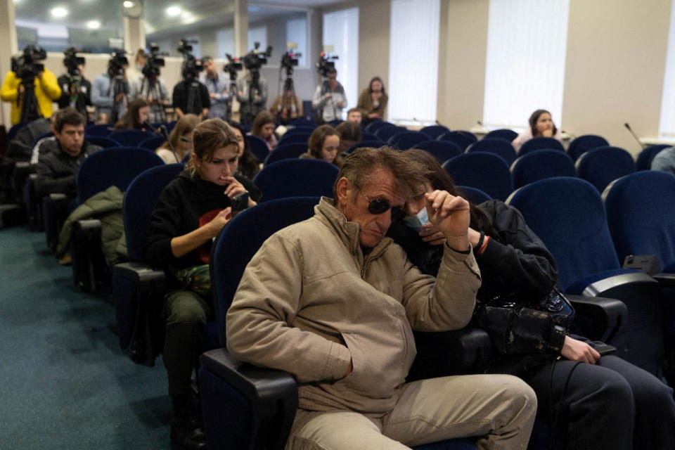 Actor and director Sean Penn attends a press briefing at the Presidential Office in Kyiv, Ukraine on Feb. 24, 2022.