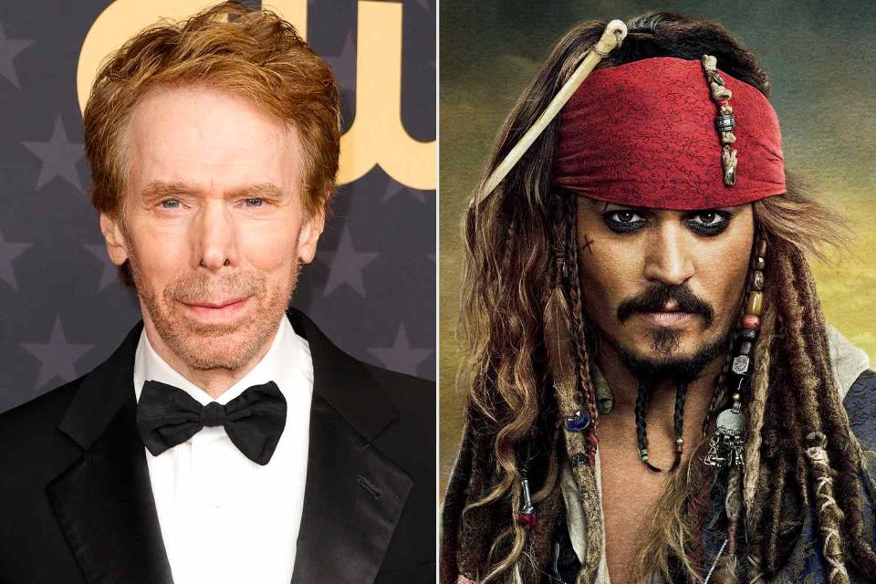 <p>Frazer Harrison/Getty; Disney/Kobal/Shutterstock</p> Jerry Bruckheimer; Johnny Depp as Captain Jack Sparrow