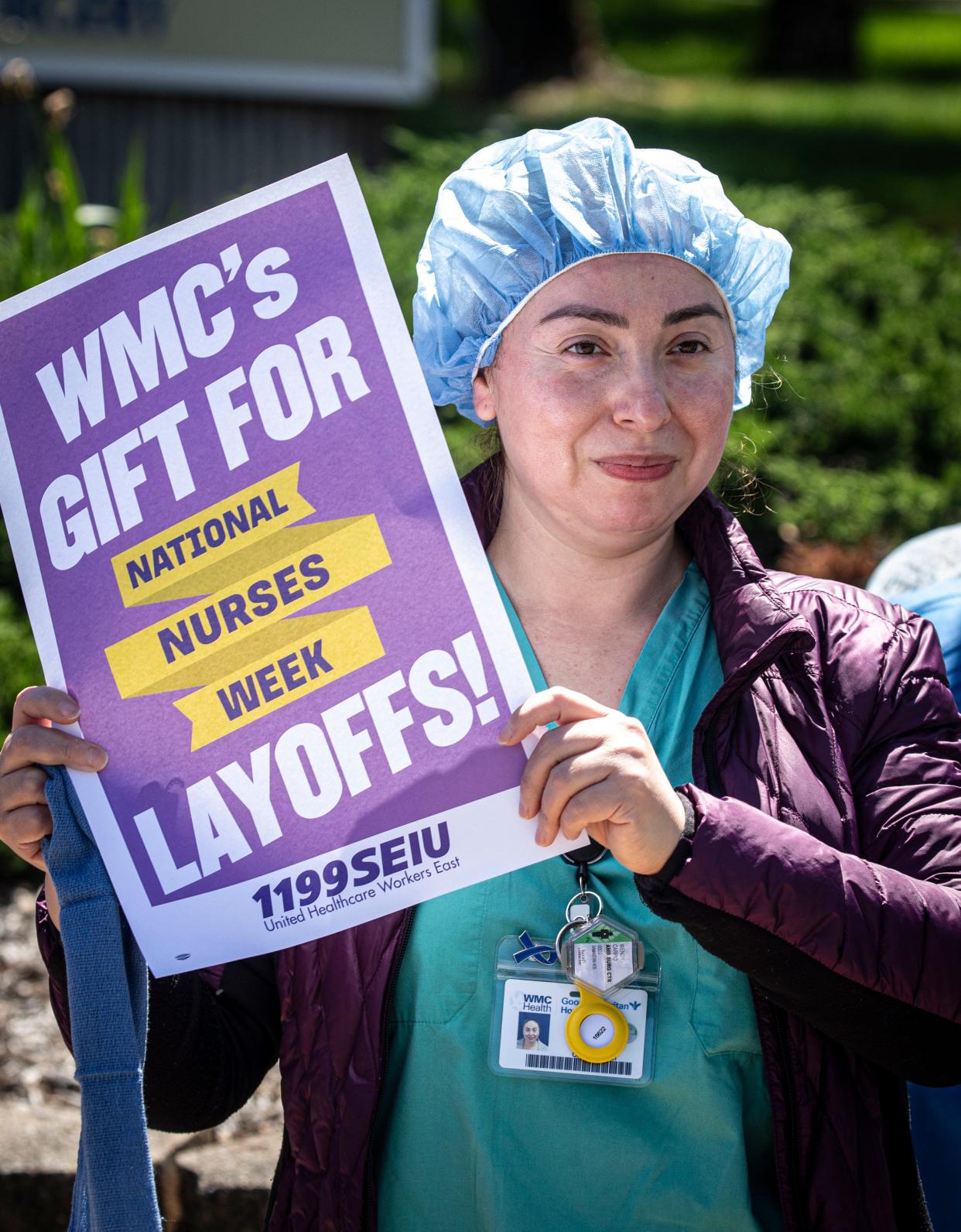 Wendy Carpio, a surgical technician at Good Samaritan Hospital in Suffern, was among about 40 health care workers at the hospital who protested outside the hospital May 7, 2024. The workers were protesting layoffs that Bon Secours Charity Health System, which includes Good Samaritan, were hit with recently. About 50 workers at various Bon Secours hospitals in the Hudson Valley were laid off.