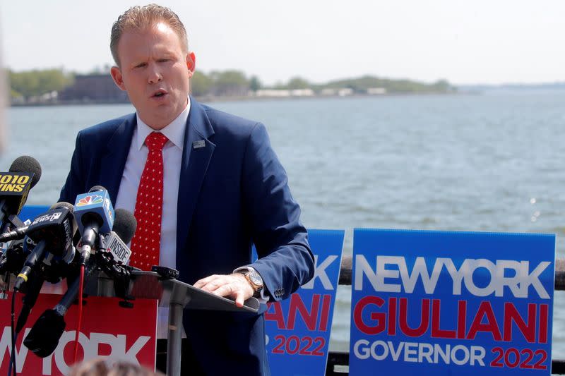 Andrew Giuliani speaks during news conference to launch Republican campaign for governor of New York State in New York