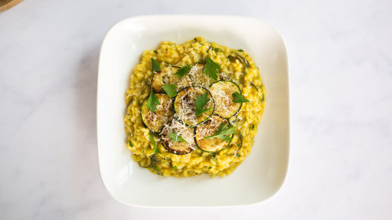 saffron zucchini risotto on plate