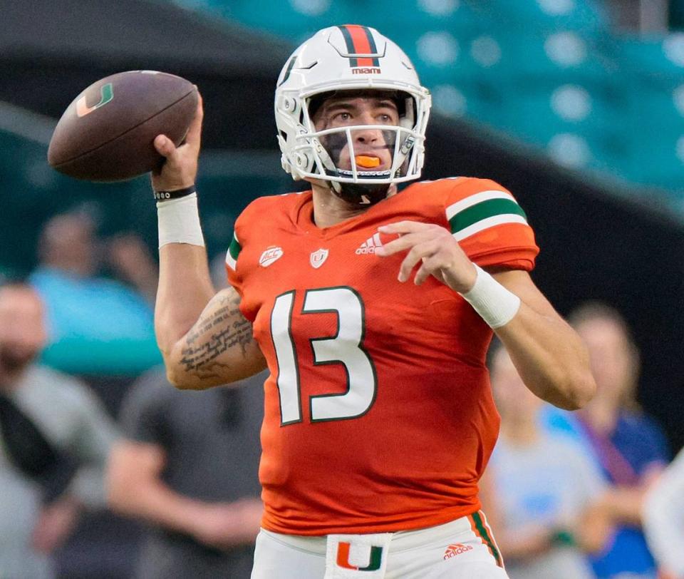 Miami Hurricanes quarterback Jake Garcia (13) sets up to pass in the fourth quarter against Middle Tennessee State Blue Raiders at Hard Rock Stadium in Miami Gardens on Saturday, September 24, 2022.