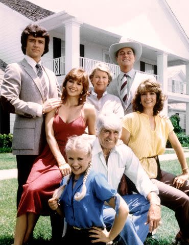 <p>CBS/Courtesy Everett Collection</p> Patrick Duffy, Victoria Principal, Barbara Bel Geddes, Larry Hagman, Linda Gray, Jim Davis and Charlene Tilton on the set of 'Dallas'