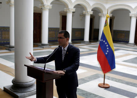 Venezuela's Foreign Affairs Minister Jorge Arreaza talks to the media during a news conference in Caracas, Venezuela, August 19, 2017. REUTERS/Marco Bello