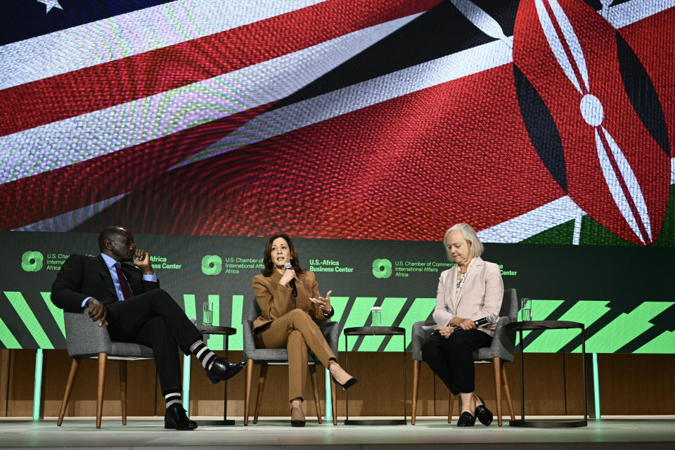 US Vice President Kamala Harris (C) moderates a conversation with Kenyan President William Ruto (L) and US Ambassador to Kenya Meg Whitman (R) at the US Chamber of Commerce in Washington, DC, on May 24, 2024. (Photo by Brendan SMIALOWSKI / AFP) (Photo by BRENDAN SMIALOWSKI/AFP via Getty Images)