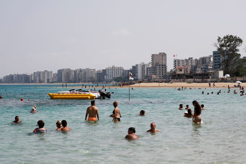 FILE PHOTO: Varosha, an area fenced off in no man's land along ceasefire lines by the Turkish military since the 1974 division of Cyprus, is seen from a beach in Famagusta in the breakaway state of Northern Cyprus