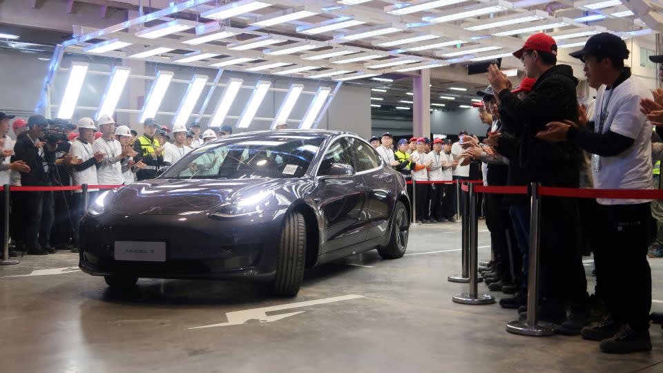 A Tesla Model 3 at a delivery ceremony in Tesla's Shanghai factory<strong> </strong>on December 30, 2019. - Yilei Sun/Reuters