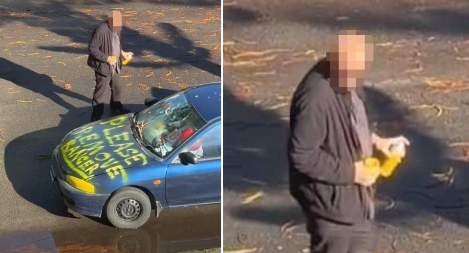 Pixelated man pictured with spray paint near spray-painted car.