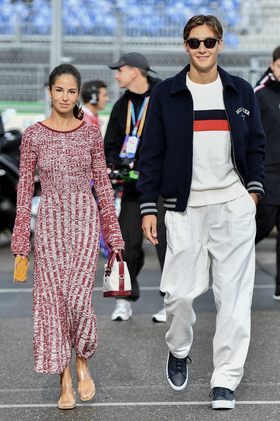 ZANDVOORT, NETHERLANDS - AUGUST 27: George Russell of Great Britain and Mercedes-AMG PETRONAS F1 Team and Carmen Montero Mundt arrives at the track during the F1 Grand Prix of The Netherlands at Circuit Park Zandvoort on August 27, 2023 in Zandvoort, Netherlands. (Photo by Vince Mignott/MB Media/Getty Images)