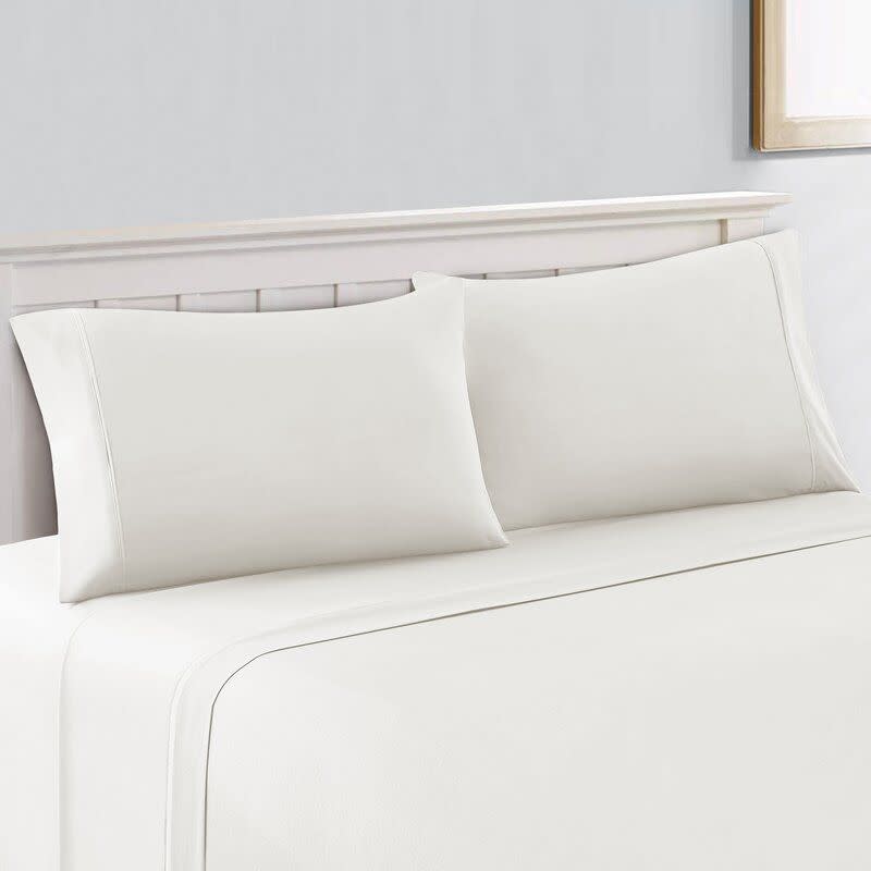 <p><strong>Eider & Ivory</strong></p><p>wayfair.com</p><p><strong>$39.99</strong></p><p>Sometimes you don’t need the fanciest schmanciest option out there in order to log some serious, high-quality sleep. This 400 thread count, long staple cotton set will take you back to basics, with seven classic colors, including a crisp white option. Perfect for people who don’t eat or drink in bed (aka not me)! </p><p><strong><em>Glowing Review:</em> </strong>“These sheets are seriously awesome. It's really hard to find a 400 thread count sheet set in cotton. The sheets are crisp and comfortable and keep me cool through the night. The color is classic white, you cannot go wrong!” <br></p>