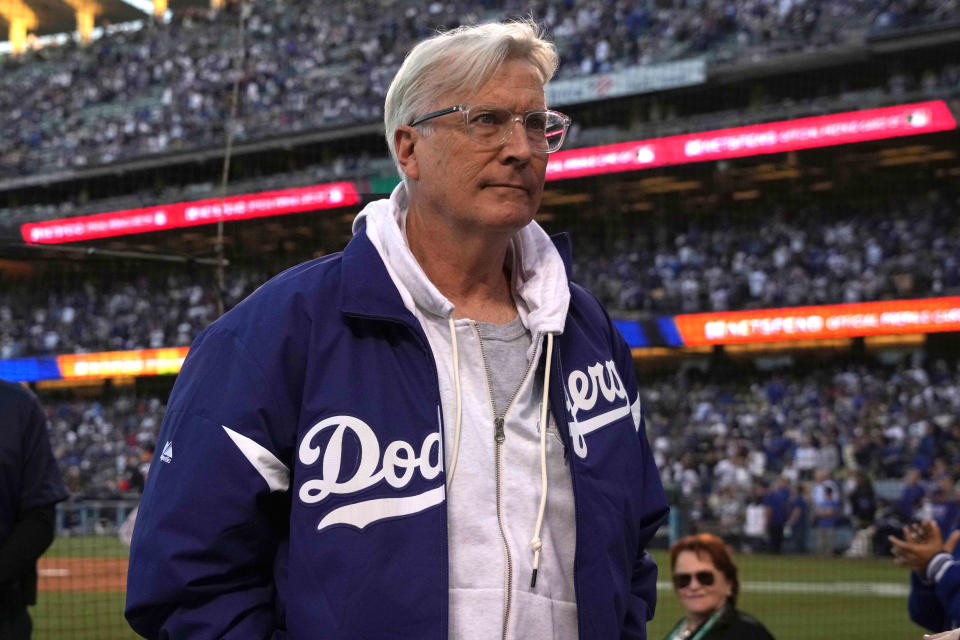 Oct 21, 2021; Los Angeles, California, USA; Los Angeles Dodgers chairman and controlling owner Mark Walter watches during game five of the 2021 NLCS against the Atlanta Braves at Dodger Stadium. The Dodgers defeated the Braves 11-2. Mandatory Credit: Kirby Lee-USA TODAY Sports