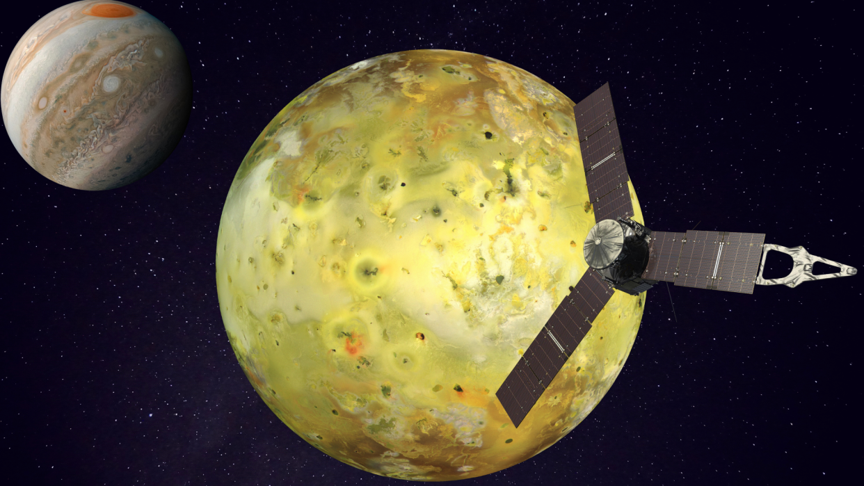  An illustration shows the Juno spacecraft flying past Io as Jupiter lurks in the background. 