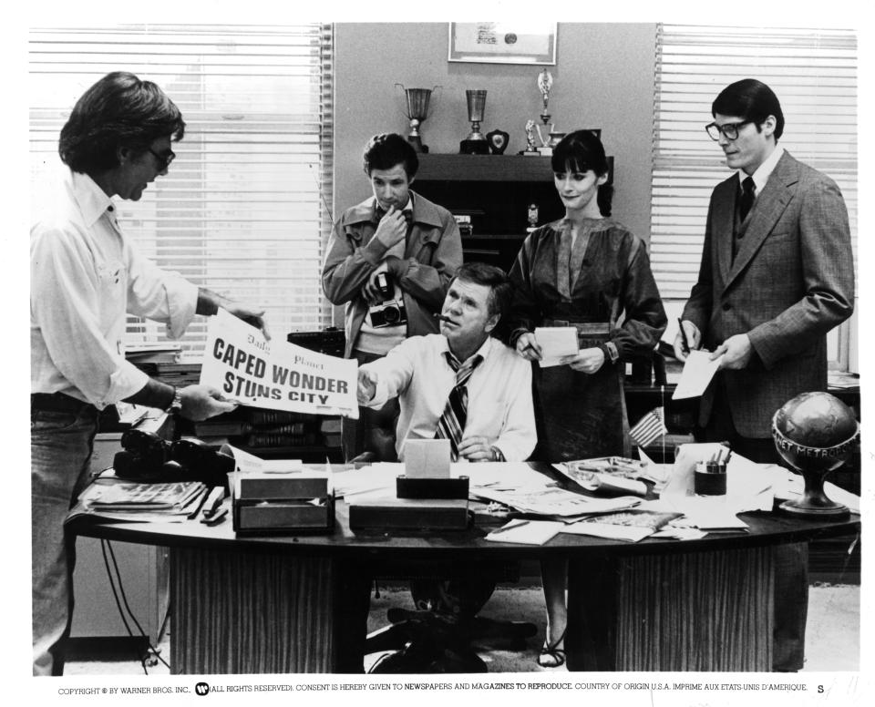 Director Richard Donner, actors Jackie Cooper, Marc McClure, actress Margot Kidder and Christopher Reeve on set of the Warner Bros movie "Superman " in 1978. (Photo by Michael Ochs Archives/Getty Images)  