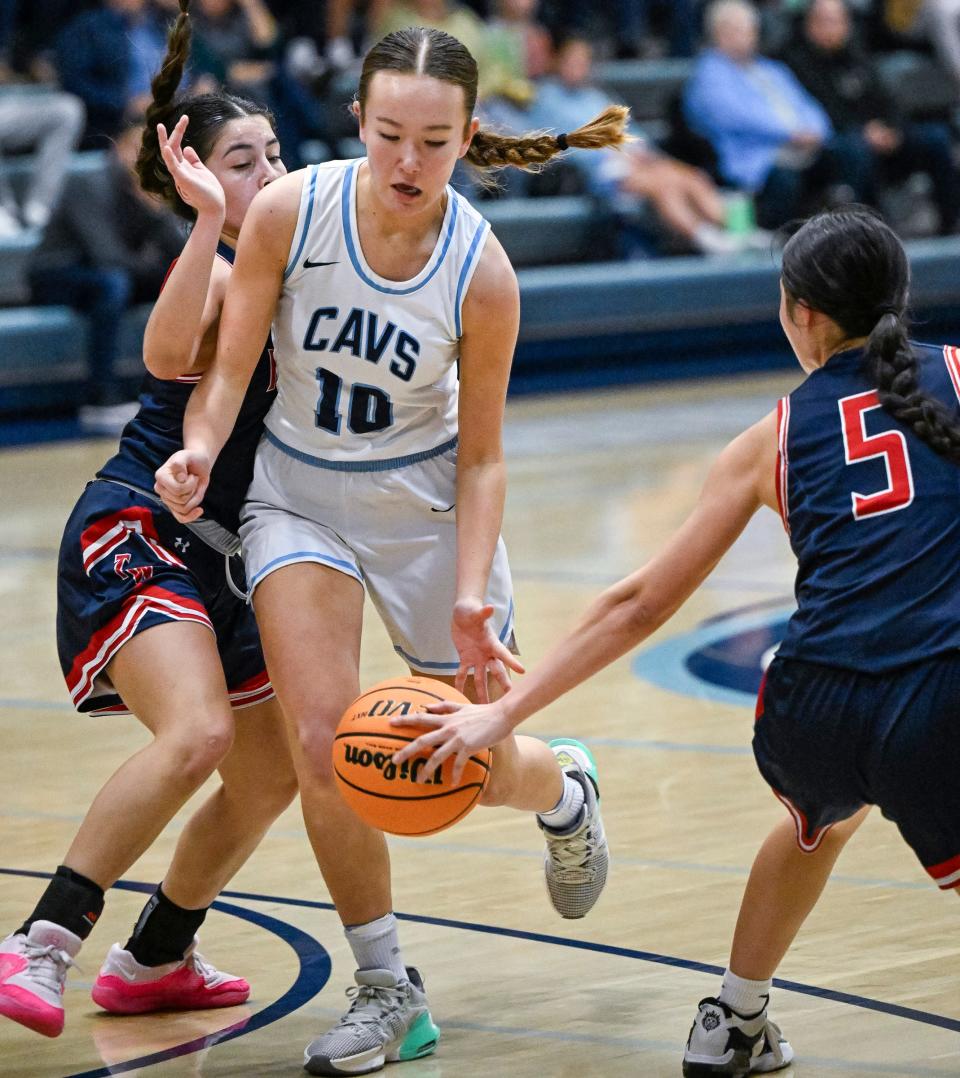 Central Valley Christian's Avery Hiemstra plays against Tulare Western in a non-league girls basketball game on Tuesday, January 2, 2024.