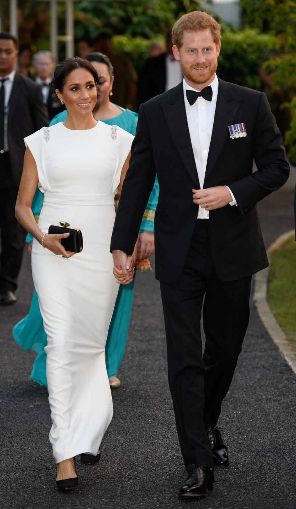 Prince Harry, Duke of Sussex, and Meghan, Duchess of Sussex,&nbsp;visit&nbsp;the Consular House in Nuku&Otilde;alofa for a private audience with King Tupou VI and Queen Nanasipau&Otilde;u on Oct. 25 in Nuku'alofa, Tonga.