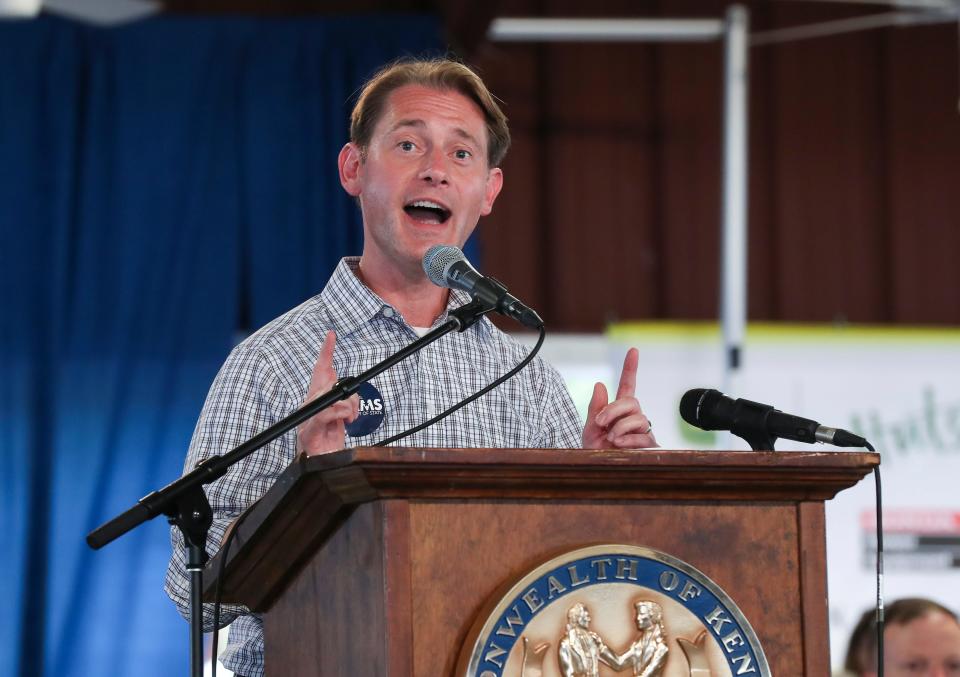 Michael Adams delivered a speech during the Fancy Farm political picnic in Fancy Farm, Ky. He was running at the time for secretary of state. Aug. 3, 2019