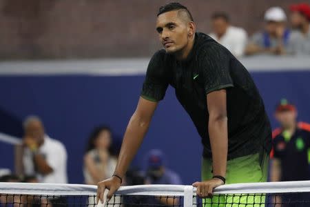 Sep 1, 2016; New York, NY, USA; Nick Kyrgios of Australia reacts after missing a shot against Horacio Ceballos of Argentina on day four of the 2016 U.S. Open tennis tournament at USTA Billie Jean King National Tennis Center. Kyrgios won 7-5, 6-4, 6-4. Mandatory Credit: Geoff Burke-USA TODAY Sports / Reuters