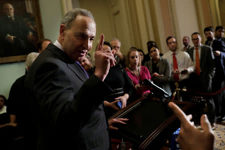 Senate Minority Leader Chuck Schumer (D-NY) speaks with reporters after his closed meeting with U.S. attorney general nominee William Barr on Capitol Hill in Washington, U.S., January 16, 2019. REUTERS/Yuri Gripas