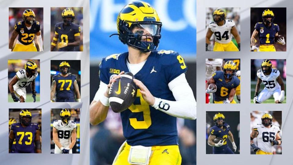 <div>Top left to right: Michael Barrett 23 (Photo by Ryan Kang/Getty Images), <a class="link " href="https://sports.yahoo.com/ncaaf/players/299576/" data-i13n="sec:content-canvas;subsec:anchor_text;elm:context_link" data-ylk="slk:Mike Sainristil;sec:content-canvas;subsec:anchor_text;elm:context_link;itc:0">Mike Sainristil</a> 0: (Photo by Gregory Shamus/Getty Images), Jaylen Harrell 32 (Photo by Michael Allio/Icon Sportswire via Getty Images), <a class="link " href="https://sports.yahoo.com/ncaaf/players/306533/" data-i13n="sec:content-canvas;subsec:anchor_text;elm:context_link" data-ylk="slk:Trevor Keegan;sec:content-canvas;subsec:anchor_text;elm:context_link;itc:0">Trevor Keegan</a> 77 (Photo by Erick W. Rasco/Sports Illustrated via Getty Images), <a class="link " href="https://sports.yahoo.com/ncaaf/players/299089/" data-i13n="sec:content-canvas;subsec:anchor_text;elm:context_link" data-ylk="slk:LaDarius Henderson;sec:content-canvas;subsec:anchor_text;elm:context_link;itc:0">LaDarius Henderson</a> 73 (Photo by David Buono/Icon Sportswire via Getty Images) and <a class="link " href="https://sports.yahoo.com/ncaaf/players/316549/" data-i13n="sec:content-canvas;subsec:anchor_text;elm:context_link" data-ylk="slk:AJ Barner;sec:content-canvas;subsec:anchor_text;elm:context_link;itc:0">AJ Barner</a> 89 (Photo by Justin Casterline/Getty Images). Center: <a class="link " href="https://sports.yahoo.com/ncaaf/players/322778/" data-i13n="sec:content-canvas;subsec:anchor_text;elm:context_link" data-ylk="slk:JJ McCarthy;sec:content-canvas;subsec:anchor_text;elm:context_link;itc:0">JJ McCarthy</a> 9 (Photo by Brian Rothmuller/Icon Sportswire via Getty Images). L to R top right - Kris Jenkins 94 (Photo by Randy Litzinger/Icon Sportswire via Getty Images), <a class="link " href="https://sports.yahoo.com/ncaaf/players/316562/" data-i13n="sec:content-canvas;subsec:anchor_text;elm:context_link" data-ylk="slk:Roman Wilson;sec:content-canvas;subsec:anchor_text;elm:context_link;itc:0">Roman Wilson</a> 1 ((Photo by Ryan Kang/Getty Images), <a class="link " href="https://sports.yahoo.com/ncaaf/players/306521/" data-i13n="sec:content-canvas;subsec:anchor_text;elm:context_link" data-ylk="slk:Cornelius Johnson;sec:content-canvas;subsec:anchor_text;elm:context_link;itc:0">Cornelius Johnson</a> 6 (Photo by Aaron J. Thornton/Getty Images), <a class="link " href="https://sports.yahoo.com/ncaaf/players/322754/" data-i13n="sec:content-canvas;subsec:anchor_text;elm:context_link" data-ylk="slk:Junior Colson;sec:content-canvas;subsec:anchor_text;elm:context_link;itc:0">Junior Colson</a> 25 (Photo by G Fiume/Getty Images), <a class="link " href="https://sports.yahoo.com/ncaaf/players/316552/" data-i13n="sec:content-canvas;subsec:anchor_text;elm:context_link" data-ylk="slk:Blake Corum;sec:content-canvas;subsec:anchor_text;elm:context_link;itc:0">Blake Corum</a> 2 (Photo by Aaron J. Thornton/Getty Images), <a class="link " href="https://sports.yahoo.com/ncaaf/players/316580/" data-i13n="sec:content-canvas;subsec:anchor_text;elm:context_link" data-ylk="slk:Zak Zinter;sec:content-canvas;subsec:anchor_text;elm:context_link;itc:0">Zak Zinter</a> 65 (Photo by Scott Taetsch/Getty Images).</div>