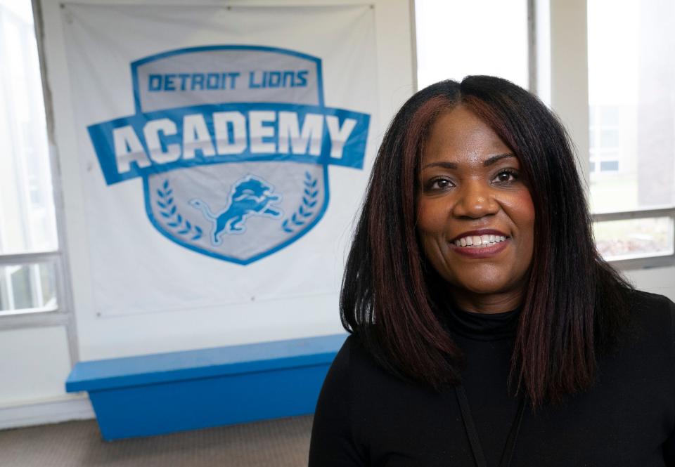 Detroit Lions Academy head principal Alean King speaks about her school and the excitement generated by the Lions playoff wins on Friday, Jan. 26, 2024.