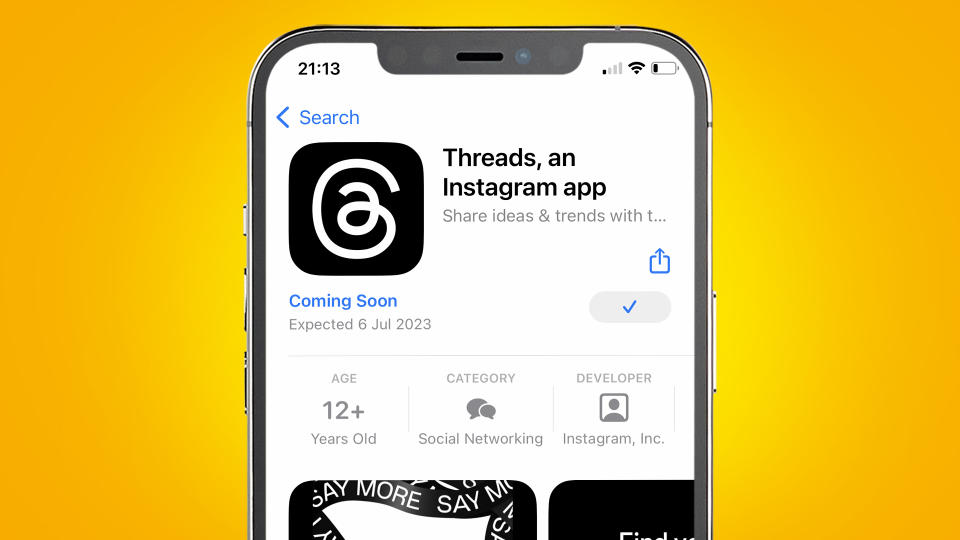 An iPhone on an orange background showing the App Store download page for the Threads app