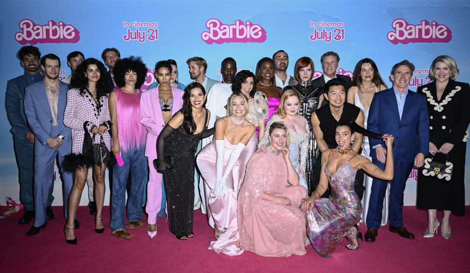 LONDON, ENGLAND - JULY 12: (L-R) Chris Taylor, Connor Swindells, Andrew Leung, Hannah Khalique-Brown, Tom Stourton, Mette Towley, Alexandra Shipp, America Ferrera, Sharon Rooney, Margot Robbie, Greta Gerwig, Ryan Gosling, Ncuti Gatwa, Ana Cruz Kayne, Issa Rae, Nicola Coughlan, Jamie Demetriou, Hari Nef, Will Ferrell, Dua Lipa, Simu Liu, Emma Mackey, Andrew Wyatt, Rob Brydon and Emerald Fennell attend the "Barbie" European Premiere at Cineworld Leicester Square on July 12, 2023 in London, England. (Photo by Gareth Cattermole/Getty Images)