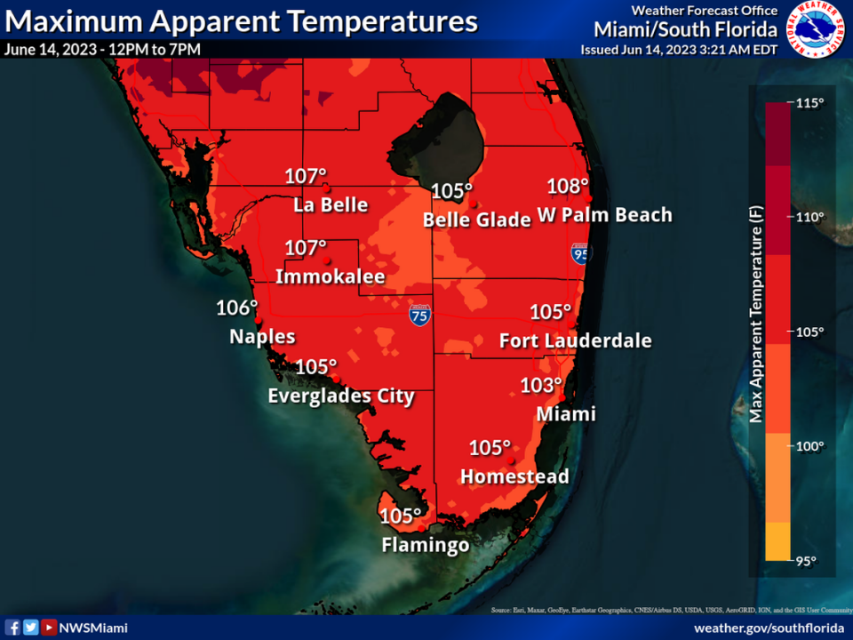 The maximum “feels-like” heat index forecast map from the National Weather Service in Miami for Wednesday, June 14, 2023.