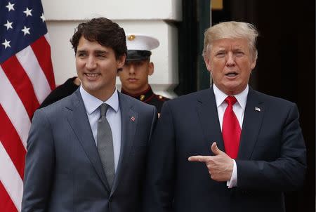 U.S. President Donald Trump welcomes Canadian Prime Minister Justin Trudeau at the White House in Washington, U.S., October 11, 2017. REUTERS/Jonathan Ernst