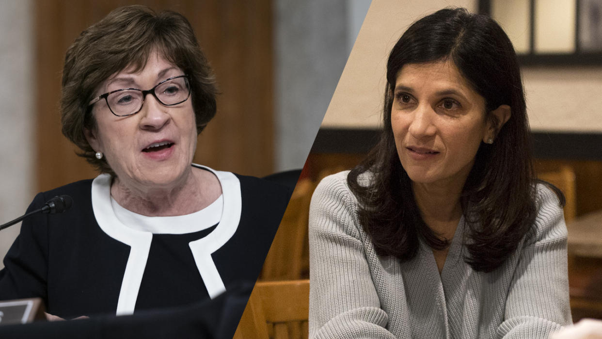 U.S. Sen. Susan Collins (R-ME)/Sara Gideon (Alex Edelman-Pool/Getty Images; Brianna Soukup/Portland Press Herald via Getty Images)