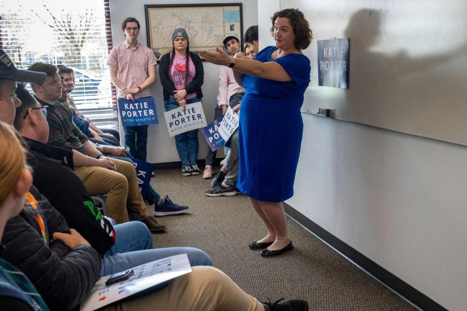 Congresswoman and U.S. Senate candidate Katie Porter answers questions from students at a meet-and-greet session as she made her first official Sacramento region campaign stop at UC Davis on Wednesday.