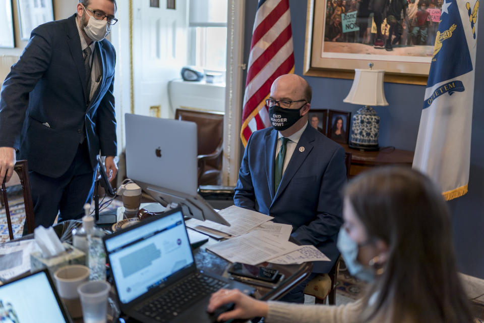 House Rules Committee Chairman Jim McGovern, D-Mass., leads the panel in preparation for debate and vote on the Democrats' $1.9 trillion COVID relief package for debate and a vote, at the Capitol in Washington, Friday, Feb. 26, 2021. (AP Photo/J. Scott Applewhite)