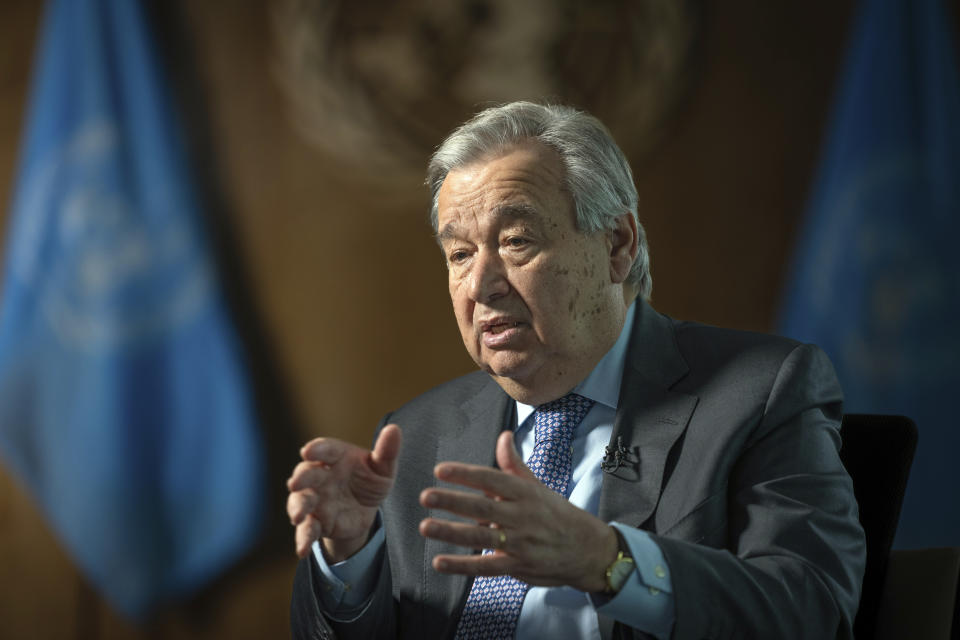 FILE - United Nations Secretary-General Antonio Guterres speaks during an interview at the U.N. headquarters, Thursday, Jan. 20, 2022, in New York. Guterres said in a report obtained Sunday, Jan. 30, 2022, by The Associated Press, the world body has received “credible allegations” that more than 100 former members of the Afghan government, its security forces and those who worked with international troops have been killed since the Taliban takeover of the country on Aug. 15, 2021. (AP Photo/Robert Bumsted, File)