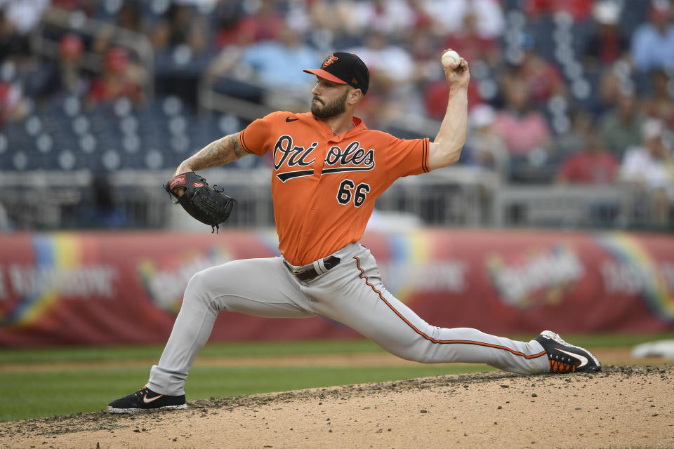 Baltimore Orioles relief pitcher Tanner Scott delivers during the sixth inning of a baseball game against the Washington Nationals, Saturday, May 22, 2021, in Washington. (AP Photo/Nick Wass)