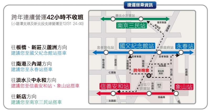 跨年夜捷運42小時不打烊。（取自台北市政府官網）