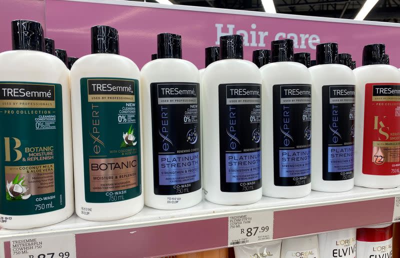 TRESemme products, a Unilever Plc brand are seen on a shelf