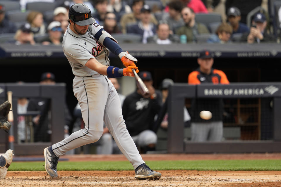 Detroit Tigers' Matt Vierling hits a single in the sixth inning of a baseball game against the New York Yankees, Saturday, May 4, 2024, in New York. (AP Photo/Mary Altaffer)