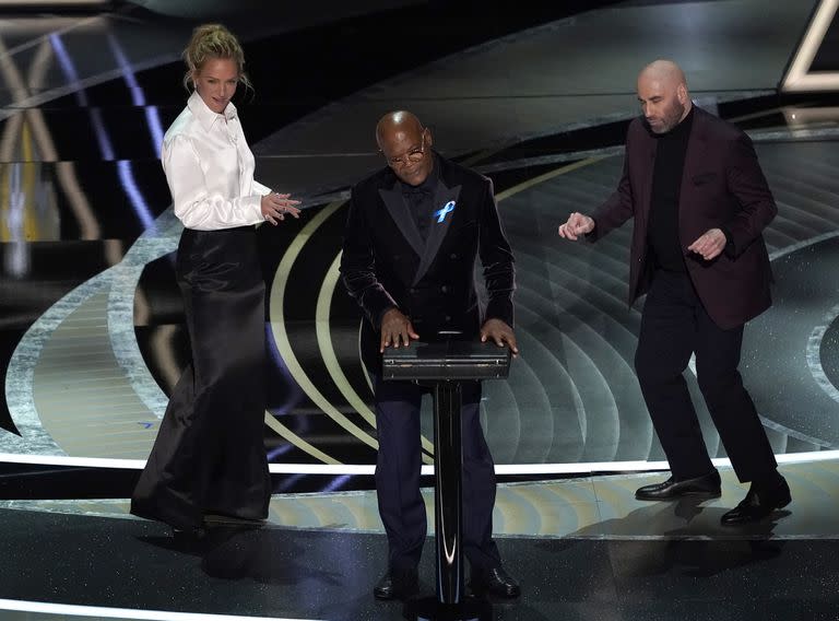 Uma Thurman, Samuel L. Jackson y John Travolta, en la reunión de Tiempos violentos