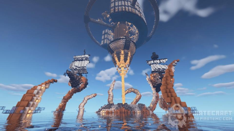 Best Minecraft servers - Piratecraft lobby with a kraken's tentacles holding multiple ships.