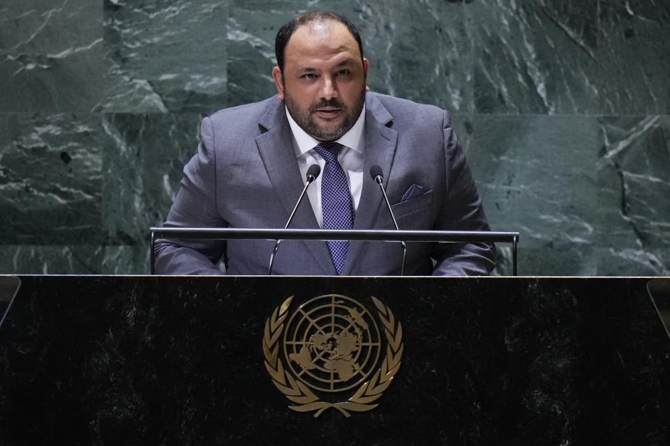 Libya's Youth Minister and interim Foreign Minister Fathallah al-Zani addresses the 78th session of the United Nations General Assembly, Wednesday, Sept. 20, 2023, at U.N. headquarters. (AP Photo/Frank Franklin II)