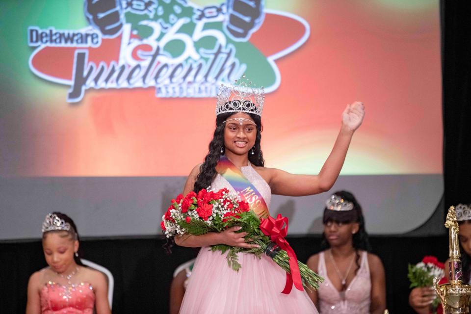 Sophia Hughes, 15, is crowned Miss Delaware Juneteenth in the Delaware Juneteenth Family Enrichment Program and Pageant at the DoubleTree Hilton Hotel Downtown in Wilmington on June 13, 2021. 