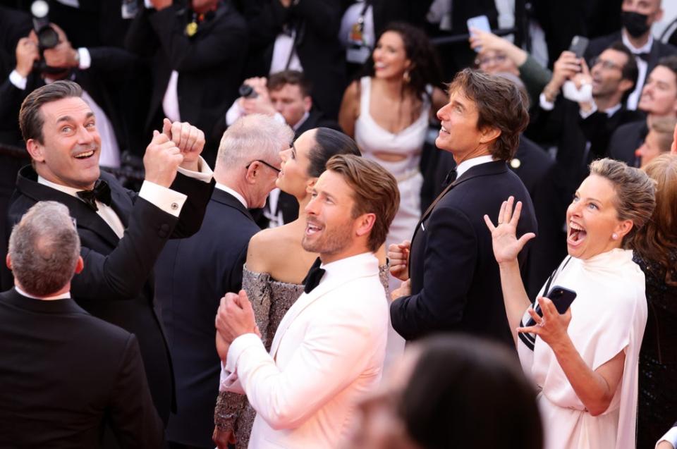 on Hamm, Jennifer Connelly, Glen Powell and Tom Cruise attend the screening of Top Gun: Maverick during the 75th annual Cannes film festival (Getty Images)