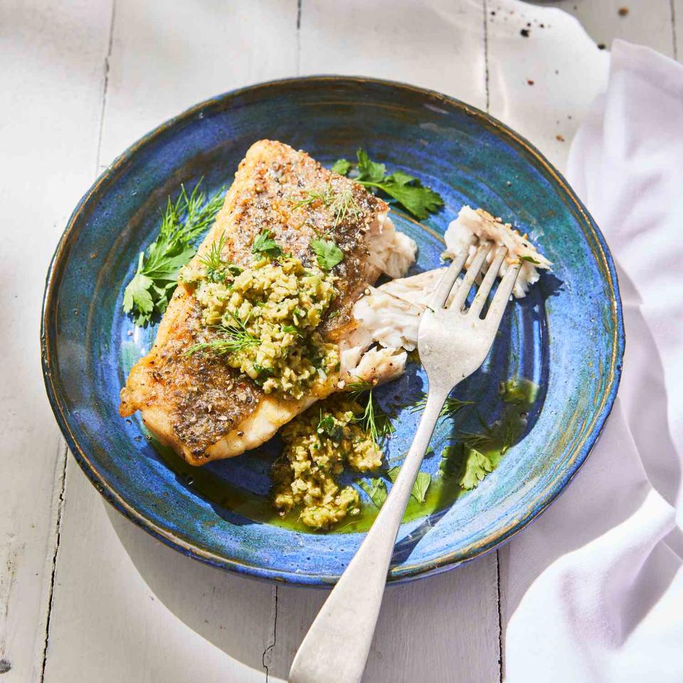 Seared Barramundi with Olive-Herb Sauce