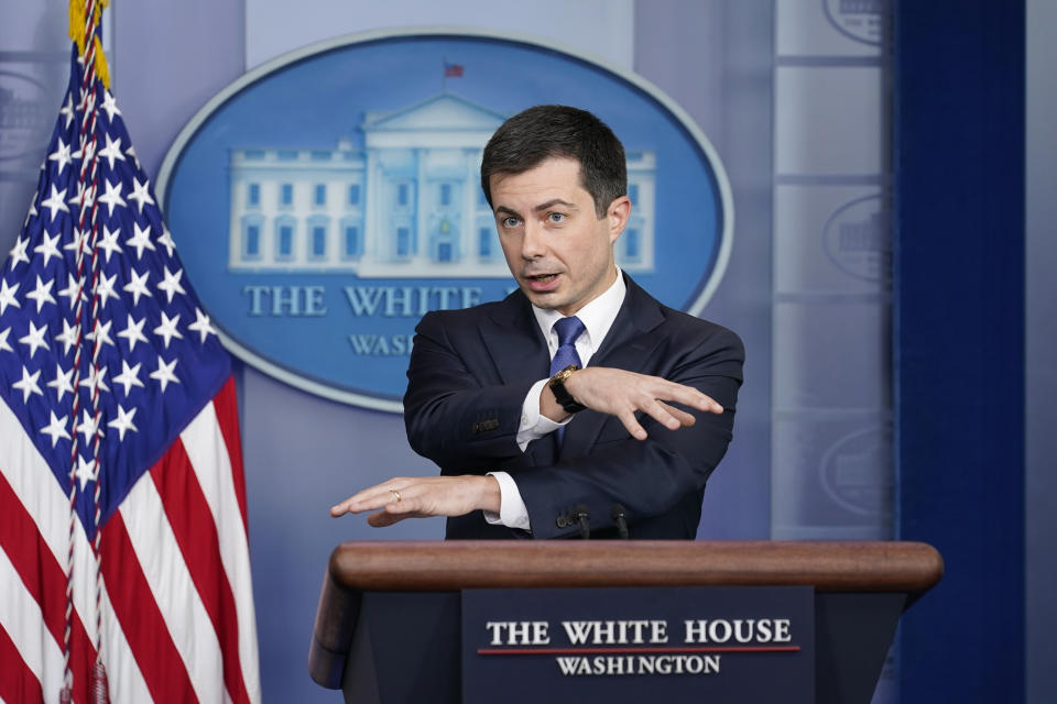 Transportation Secretary Pete Buttigieg speaks during the daily briefing at the White House in Washington, on Nov. 8, 2021. Congress has created a new requirement for automakers: find a high-tech way to keep drunken people from driving cars. It's one of the mandates along with a burst of new spending aimed at improving auto safety amid escalating road fatalities in the $1 trillion infrastructure package that President Joe Biden is expected to sign soon. (AP Photo/Susan Walsh)