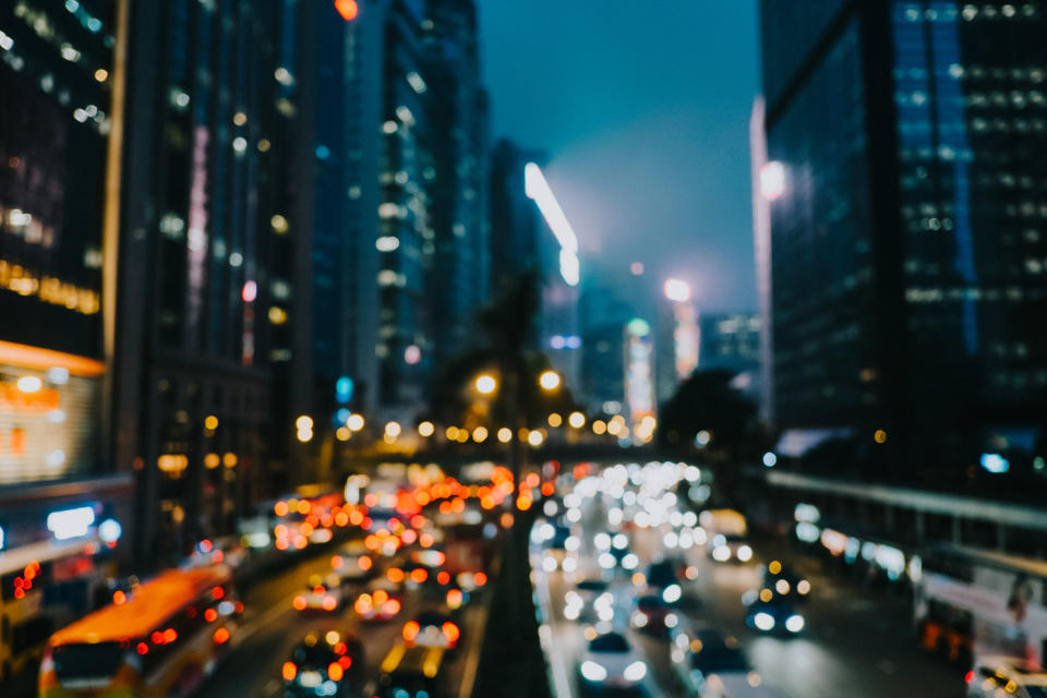 A blurred image of city traffic