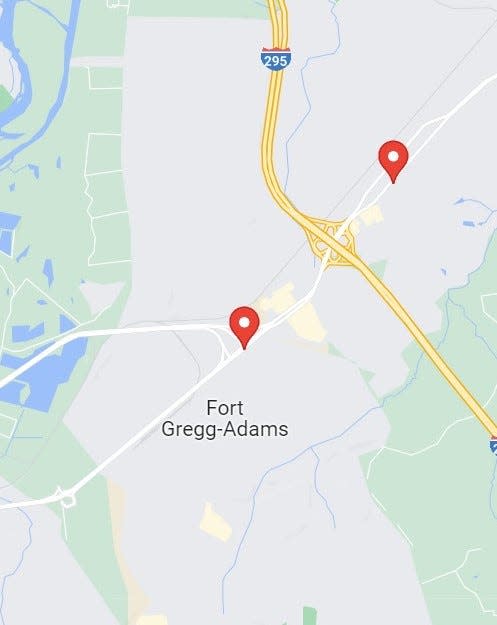 This map shows the starting and ending points of a Prince George Police pursuit Friday, July 28, 2023. According to police reports, the chase began on state Route 36 near Fort Gregg-Adams and ended two miles later at the intersection of Oaklawn Boulevard and Ashland Street in Hopewell.