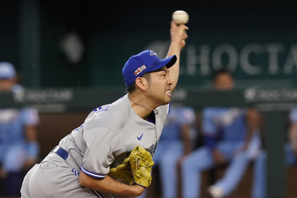 Toronto Blue Jays pitcher Yusei Kikuchi, of Japan, throws during the second inning of a baseball game against the Texas Rangers in Arlington, Texas, Sunday, Sept. 11, 2022. (AP Photo/LM Otero)